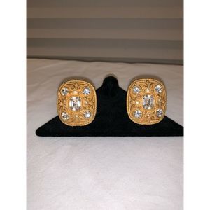 BLANCA GOLD TONE AND RHINESTONE ORNATE CLIP ONS